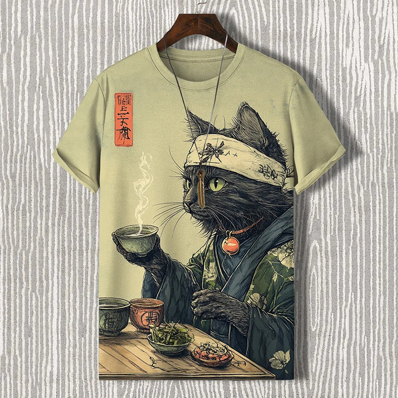 Men's Cat Drinking Tea Japanese Tea Ceremony Art Print T-shirt