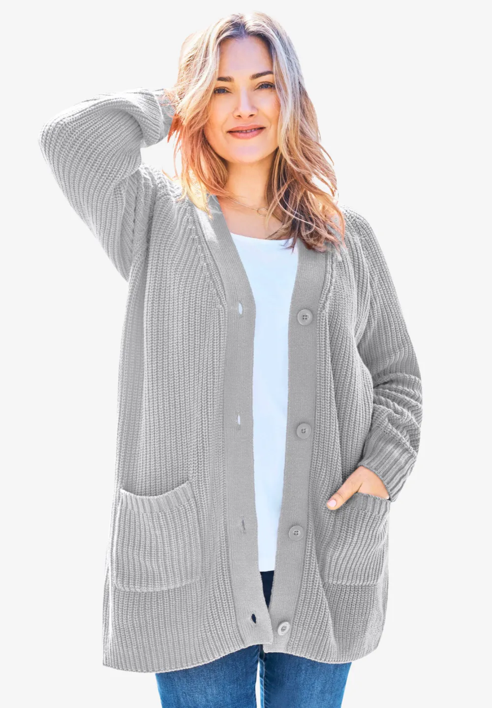 Button-Front Shaker Cardigan
