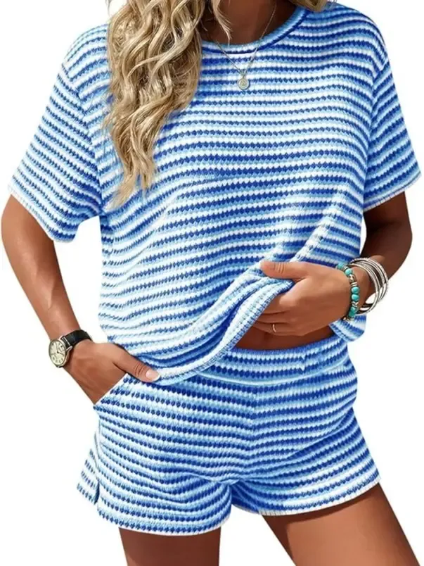 Women's Striped 2-Piece Lounge Set – Short Sleeve Top & Knit Shorts Casual Summer Outfit