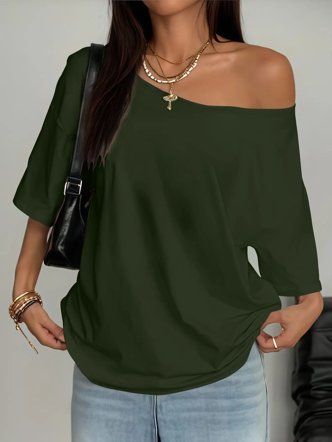 Women's Asymmetrical Shoulder Top, Trendy Fashion Short Sleeve Blouse