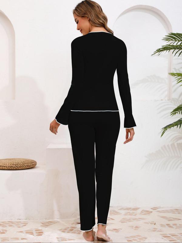 Women's Spring & Fall Ice Silk Pajama Set, Elastic Waist Pants, Casual Home Wear