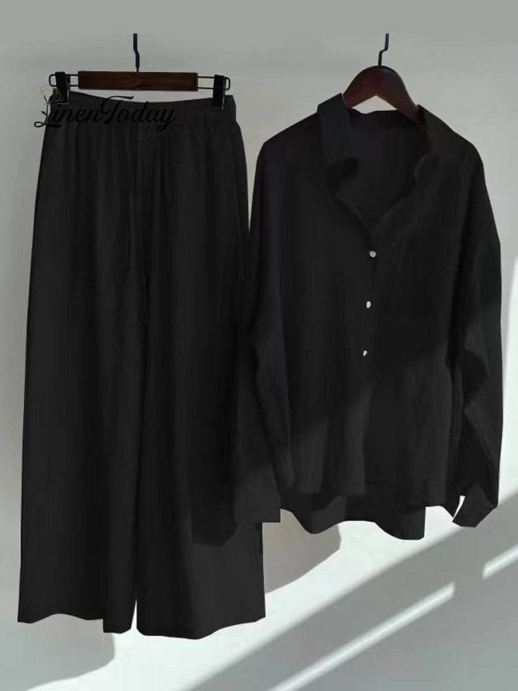 Women's Solid Color Loose Elegant High Waist Casual Cotton And Linen Suit