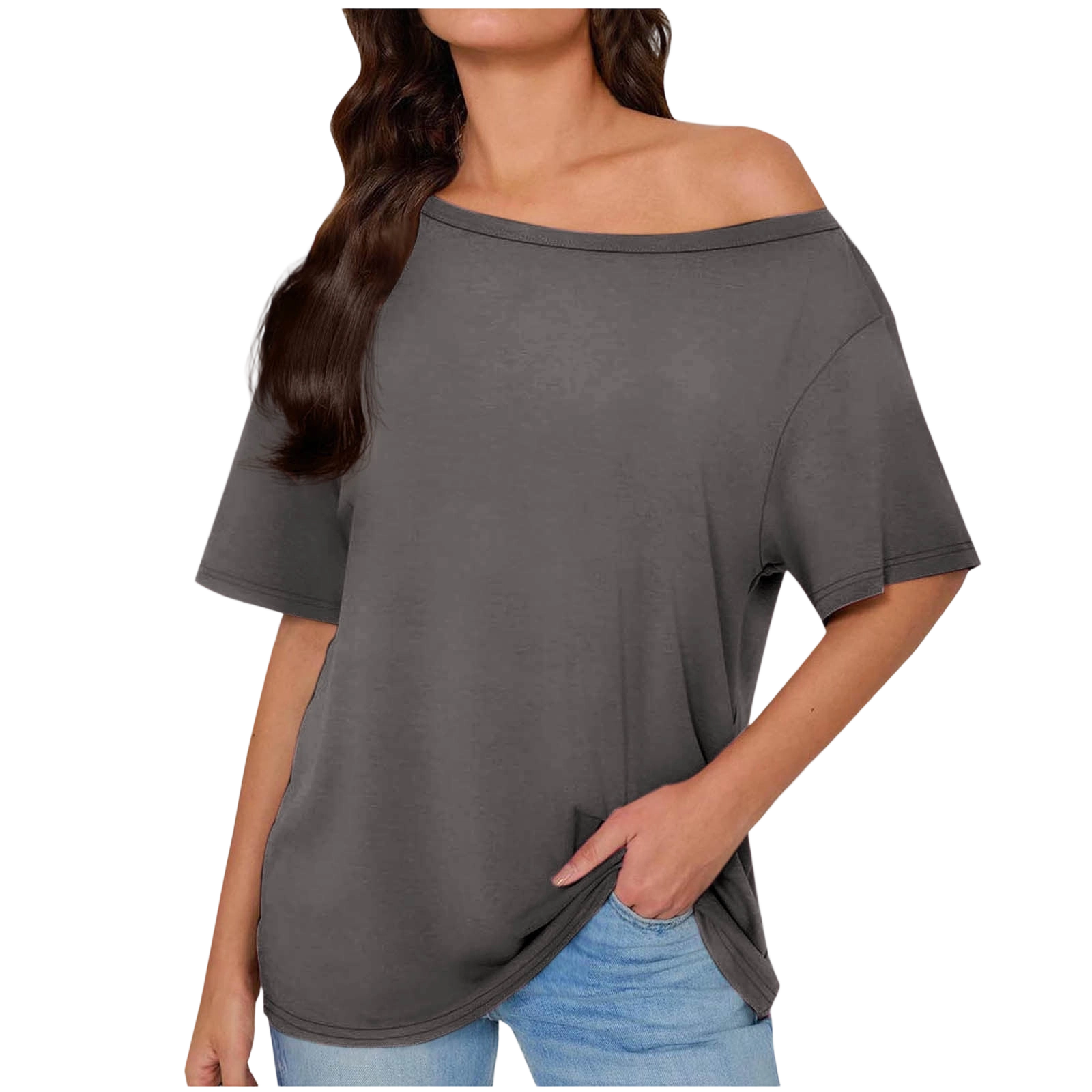 Women's Off The Shoulder Tops Short Solid Color Short Sleeve Tee - Casual Basic T-Shirt for All Seasons Daily Wear