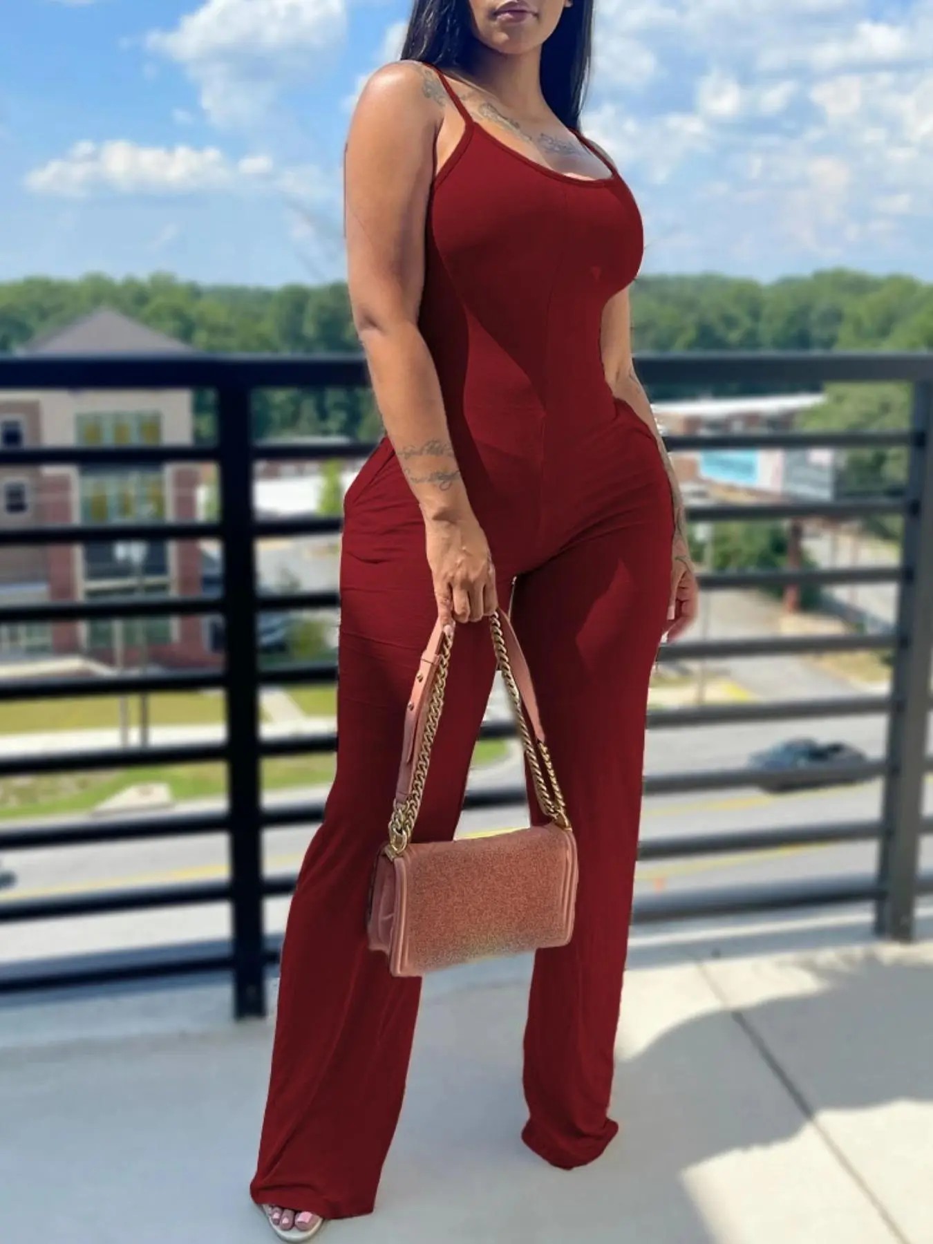 Women's Fashion Sleeveless Knit Bodycon Jumpsuit, Solid Color with Pocket Design, Tight-Fitting Casual One-Piece for Summer