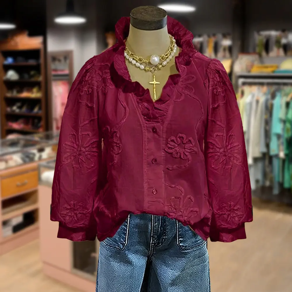 Cherrybetty 100%Cotton Elegant Embroidered Flower Ruffle Neck Puff Sleeve Cotton Top Women Casual Style Vintage Blouse Cute Fall Outfits for Womenswear