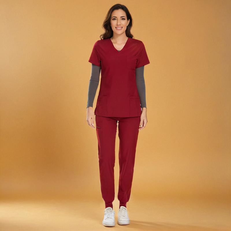 🔥Women’s Stretch V-Neck Scrub Set (Top + Jogger Pants) – 8 Pocket Utility Uniform