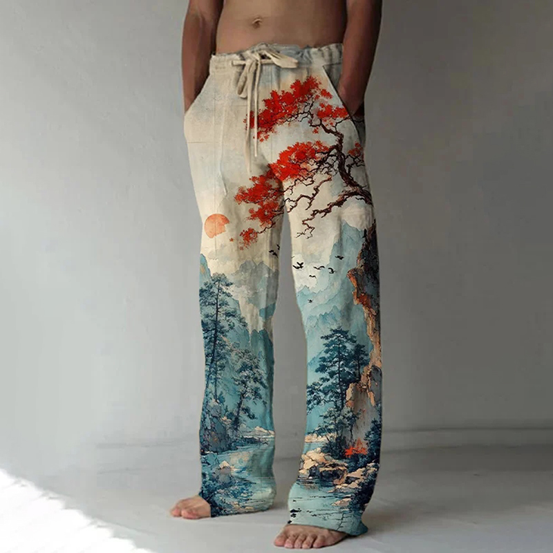 Men's Natural Scenery Sunrise And Sunset Watercolor Art Print Casual Pants