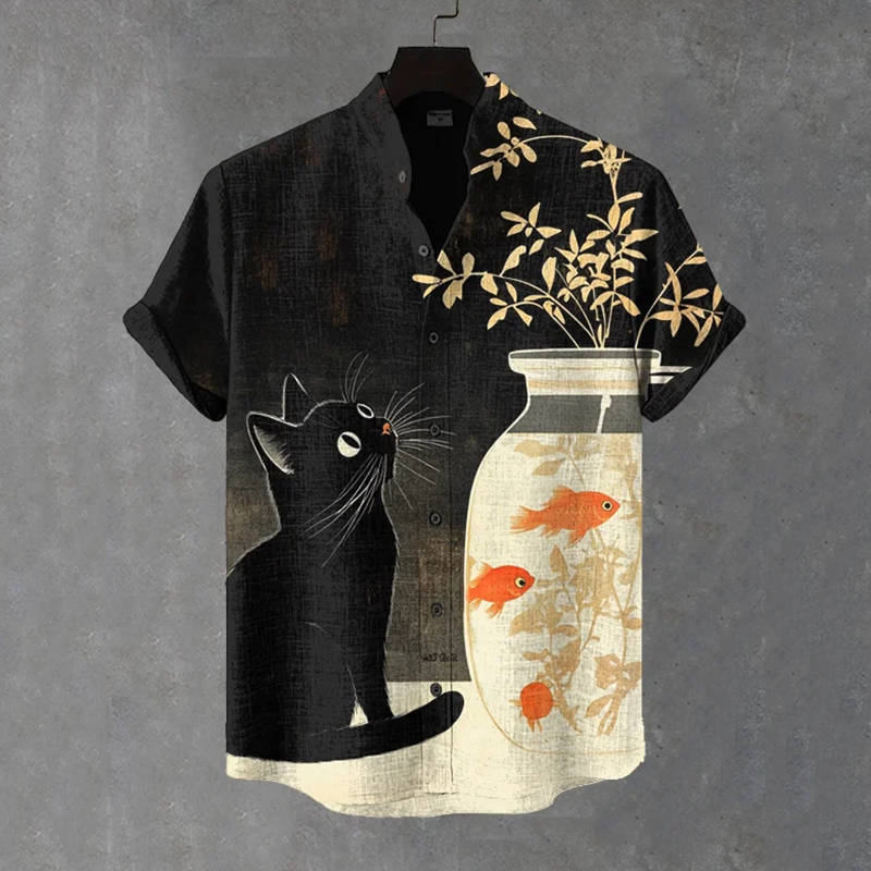 Men's Black Cat And Goldfish Art Print Short Sleeve Shirt