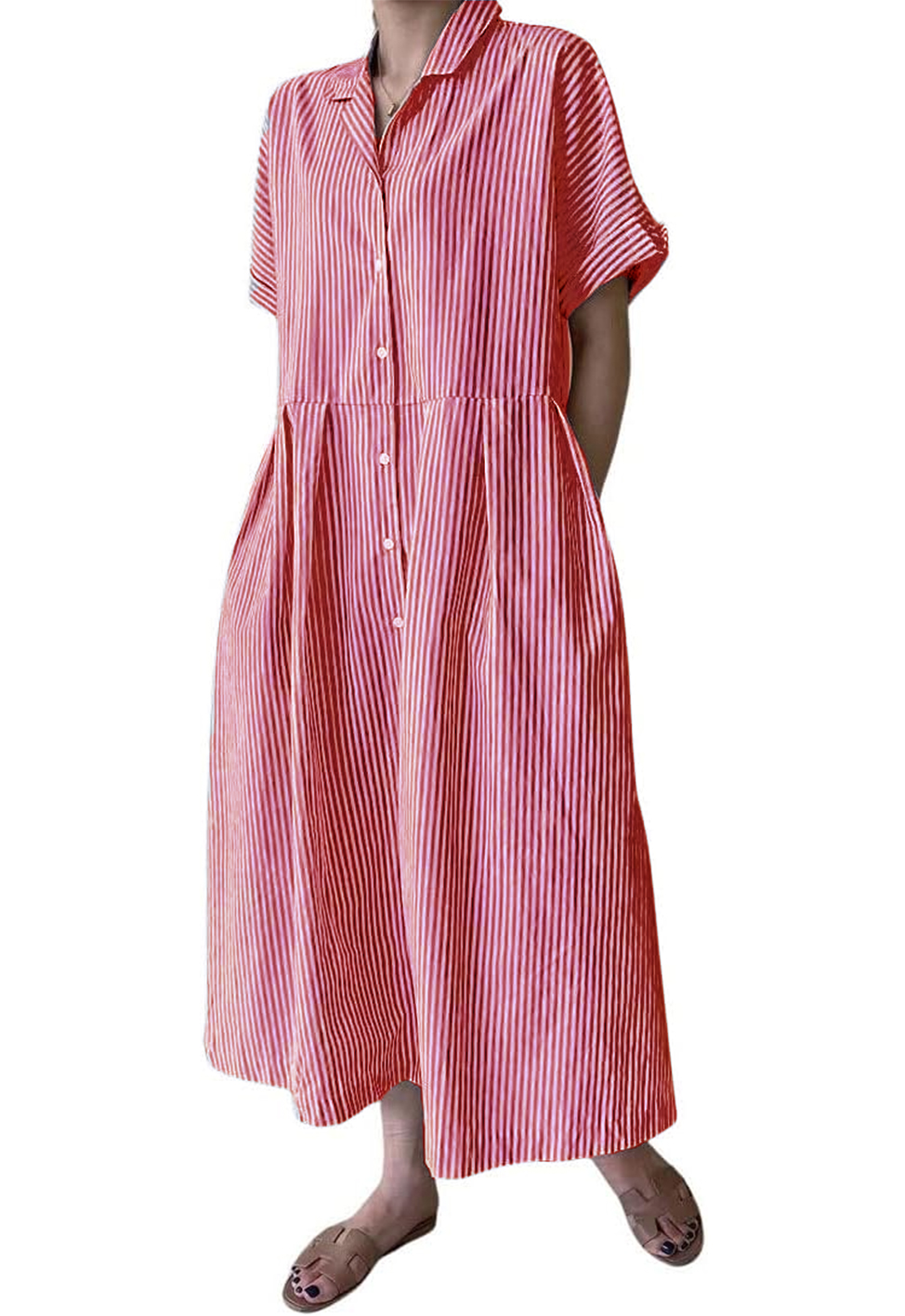 Women's Cotton Striped Shirt Dress Button Up Short Sleeve Midi Long Shift Dress with Pockets(Buy 2 free shipping)