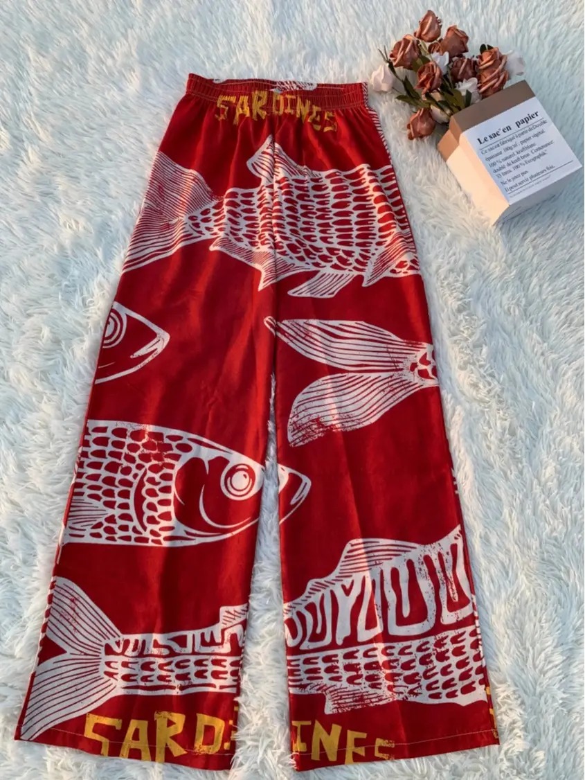 Women's Retro Nautical-Style Sardine Print Wide-Leg Pants with Contrasting Painted Loose and Comfortable