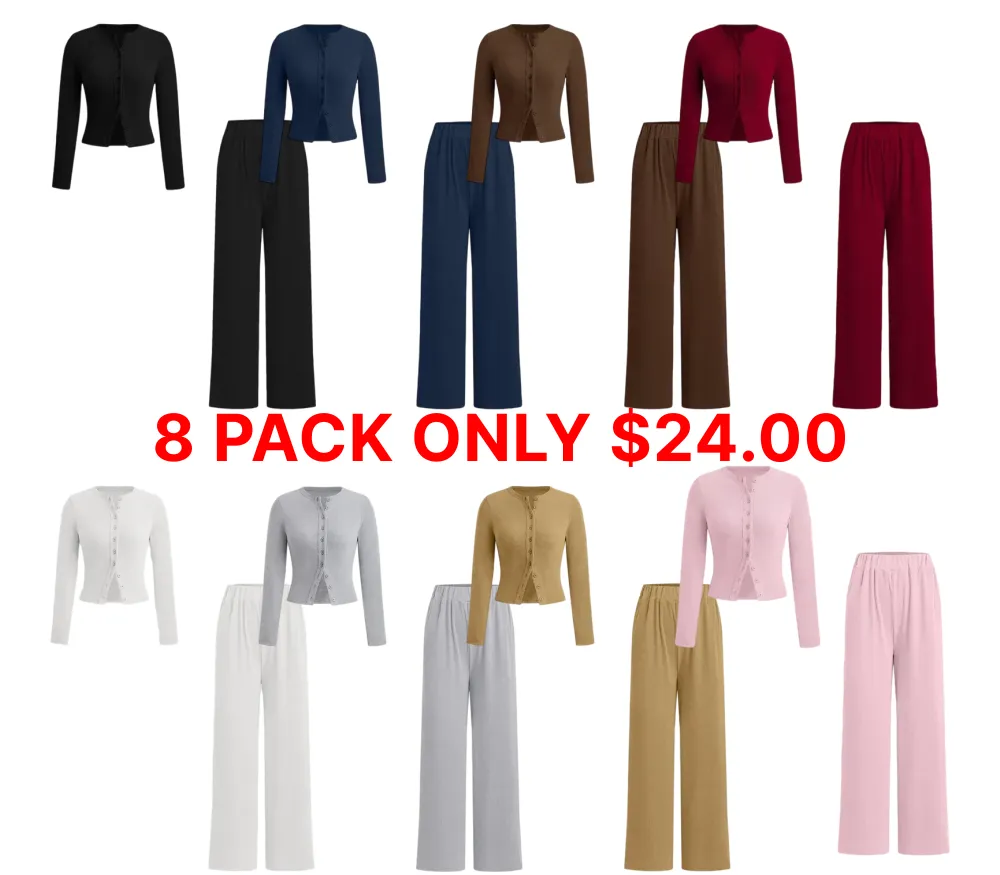 Two-piece Set Women's Solid Button Front Ribbed Crop Top & Elastic Waist Pants