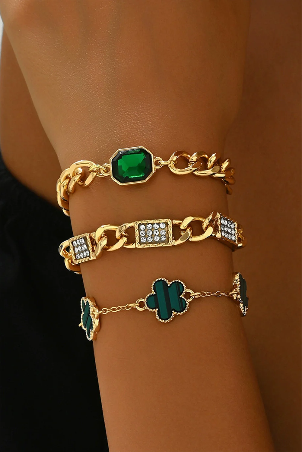 Gold St Patrick Gem Rhinestone Decor Adjustable Layered Bracelet