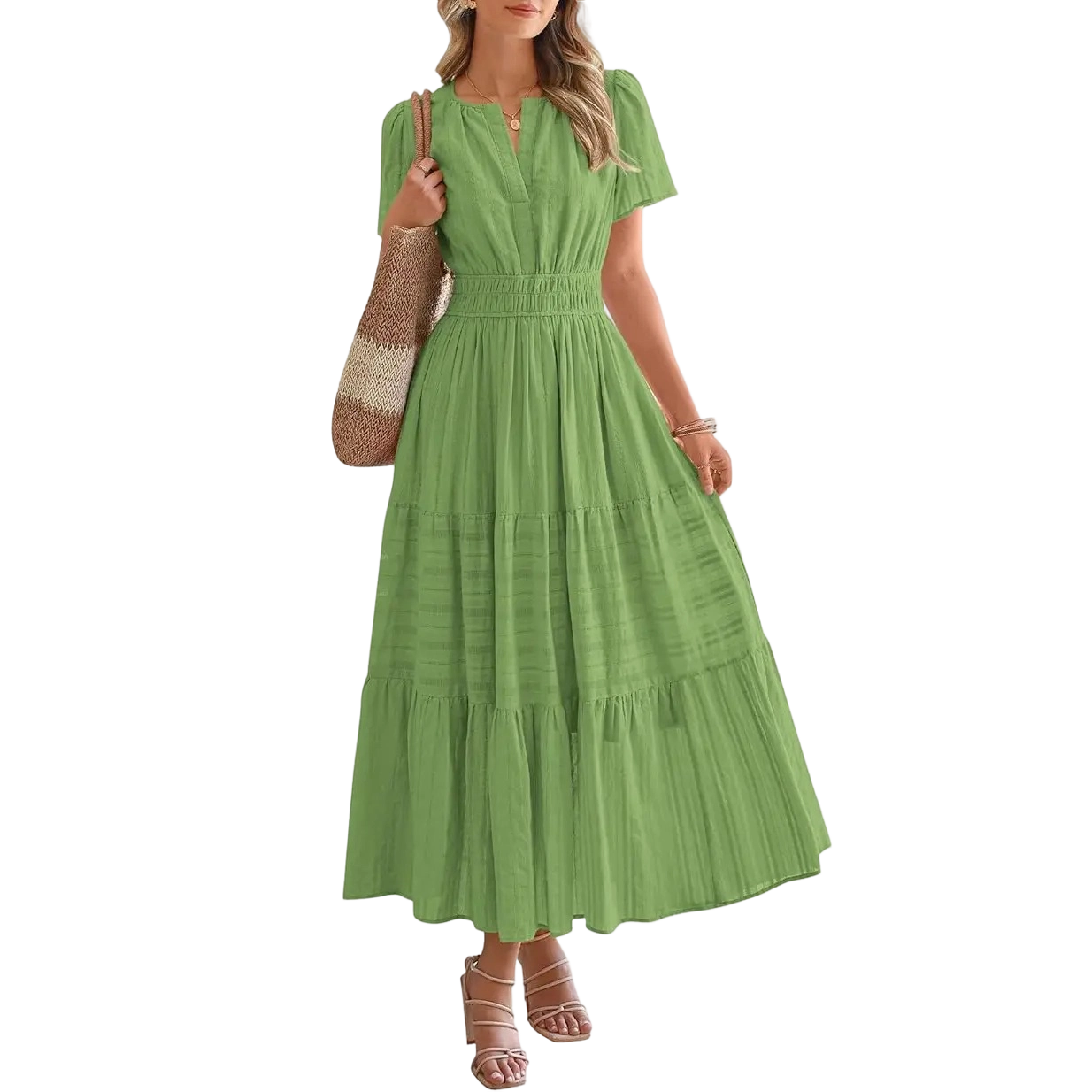 Women's Summer 2026 Casual Maxi Dress Lightweight Short Sleeve V Neck Boho Dress with Pockets