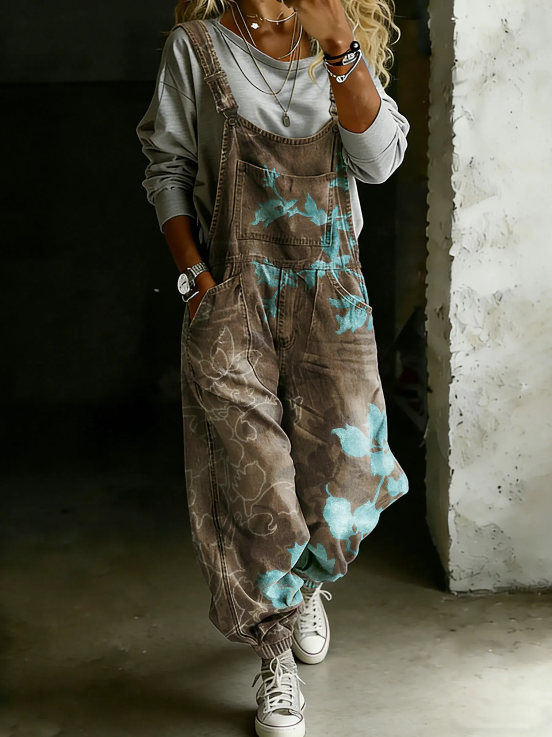 Women’s Vintage Abstract Ethnic Floral Art Print Casual One Piece Denim Jumpsuit