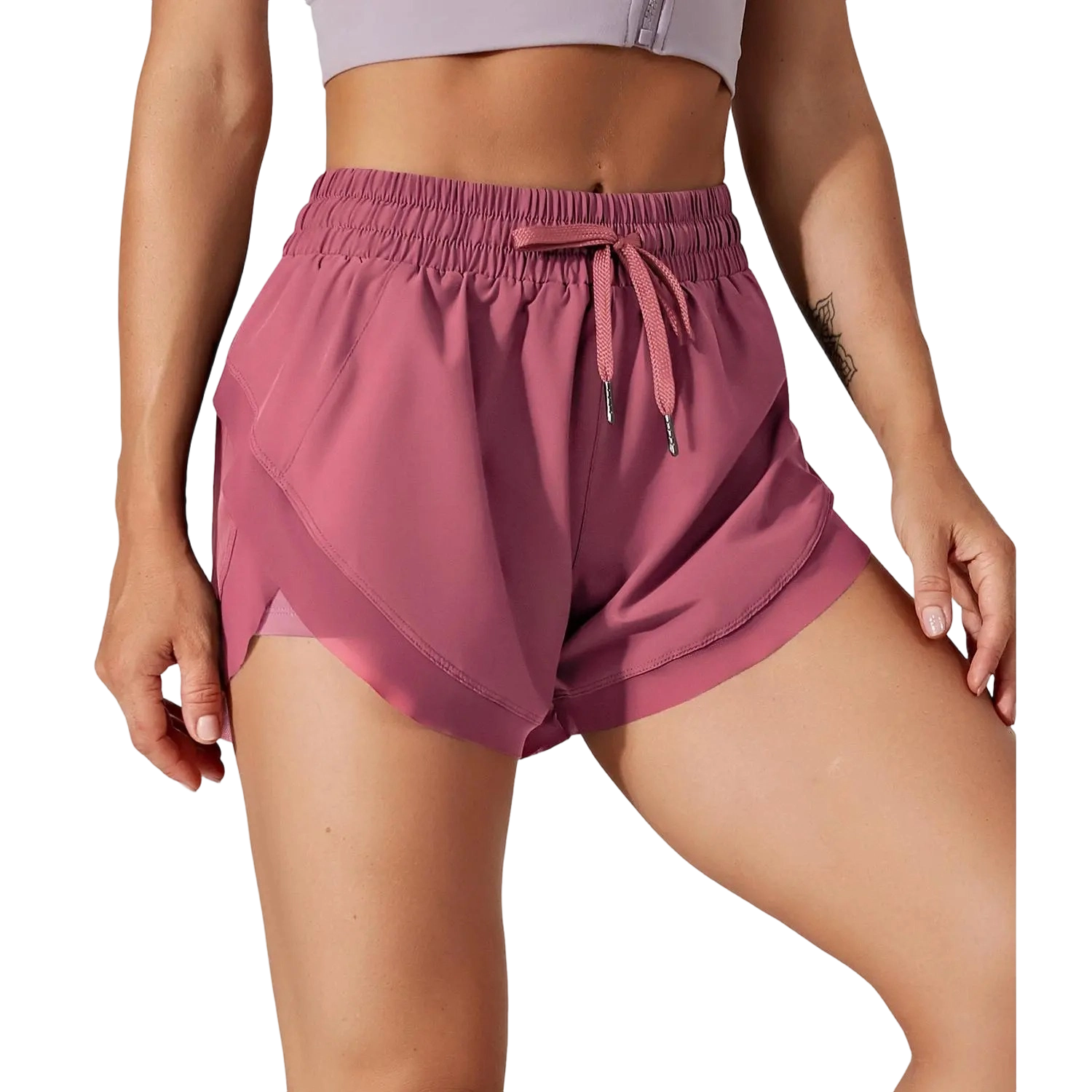 🏃Women’s 2-in-1 Mesh Active Shorts – Flowy Overlay & Adjustable Drawstring