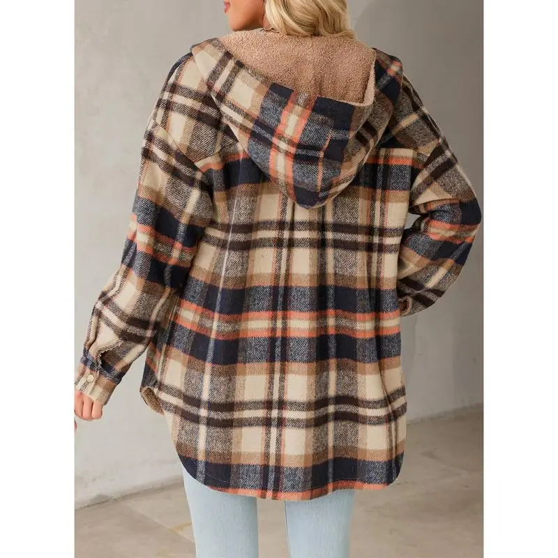 Women's Flannel Hooded Plaid 2025 Shacket