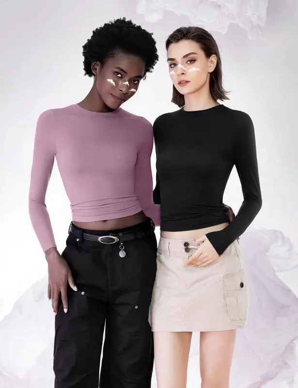 Long Sleeve Basic Tee Women's Crew Neck Slim Fit Tops Streetwear Minimalist Double Layer Compression Tee