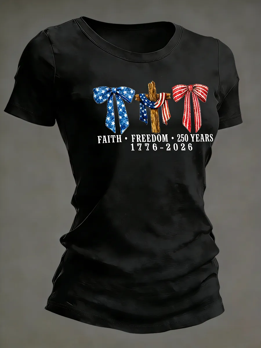 Faith Freedom Patriotic Cross American Flag Bow T-shirt