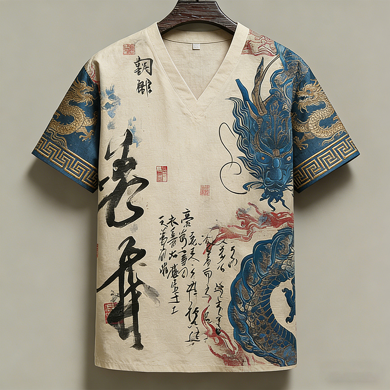 Men's Calligraphy With Dragon Art Print Short Sleeve Shirt