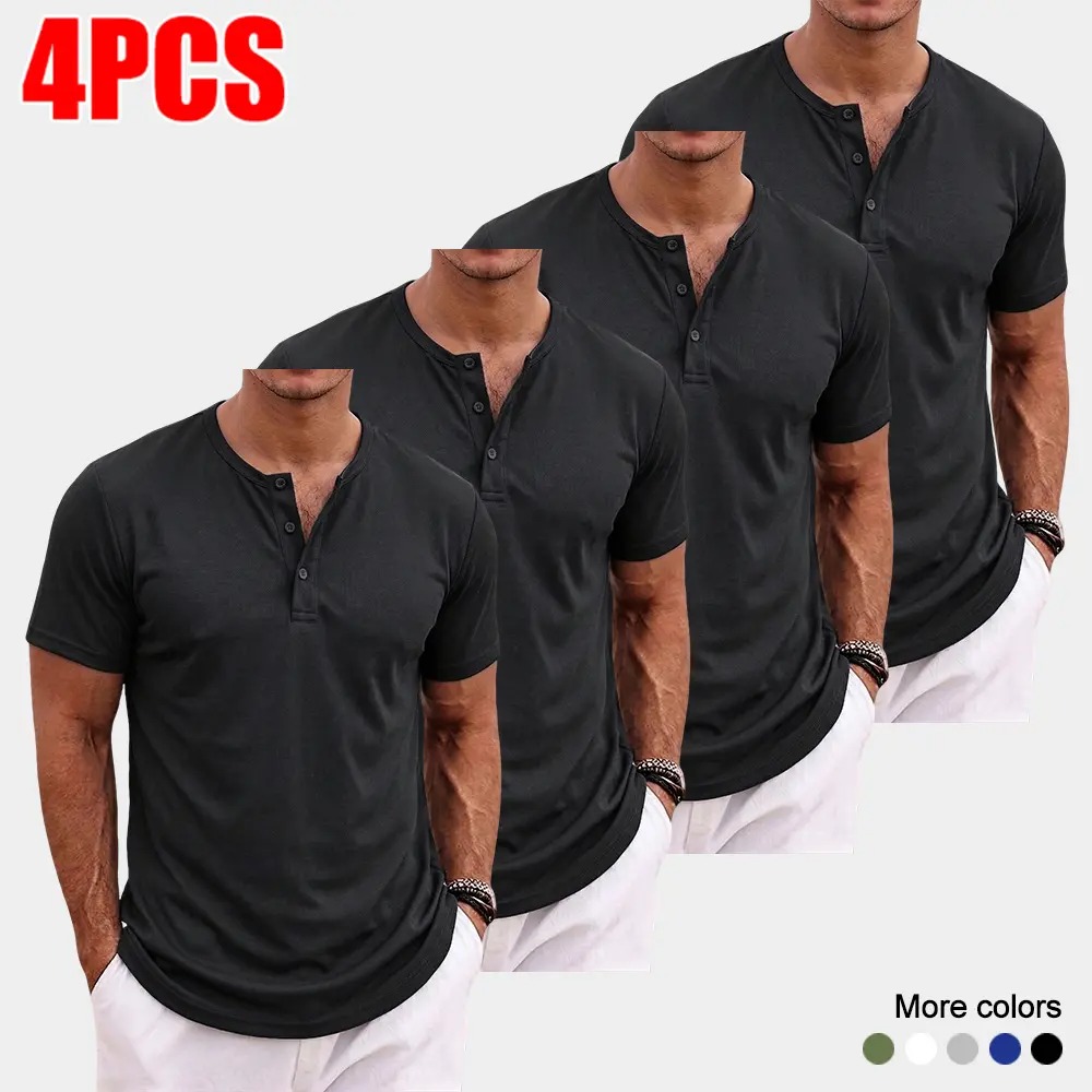 Men's Casual Short Sleeve Henley Shirt Breathable Button Placket Top