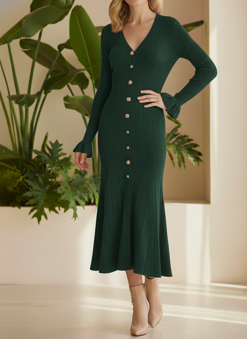 NEW🔥 Casual Solid V-Neck Woolen Dress