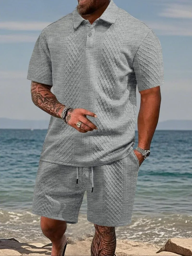 🔥Men's Solid Polo Shirt & Drawstring Waist Shorts Set, Cozy Breathable Two-piece Outfits for Daily Outdoor Wear, Men Clothes for Summer