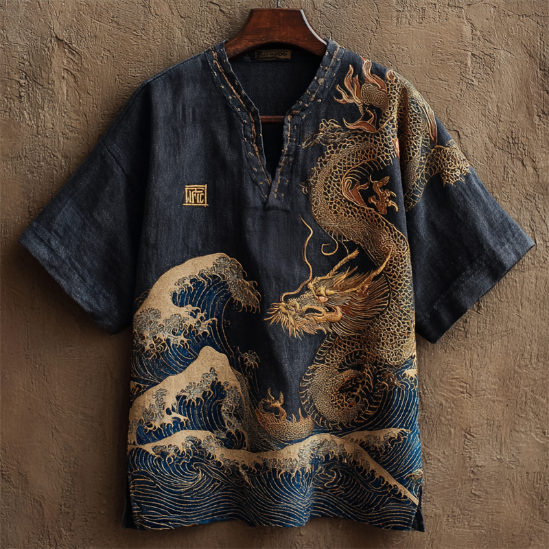 Japanese Flying Dragon Sea Waves Embroidered Linen Shirt