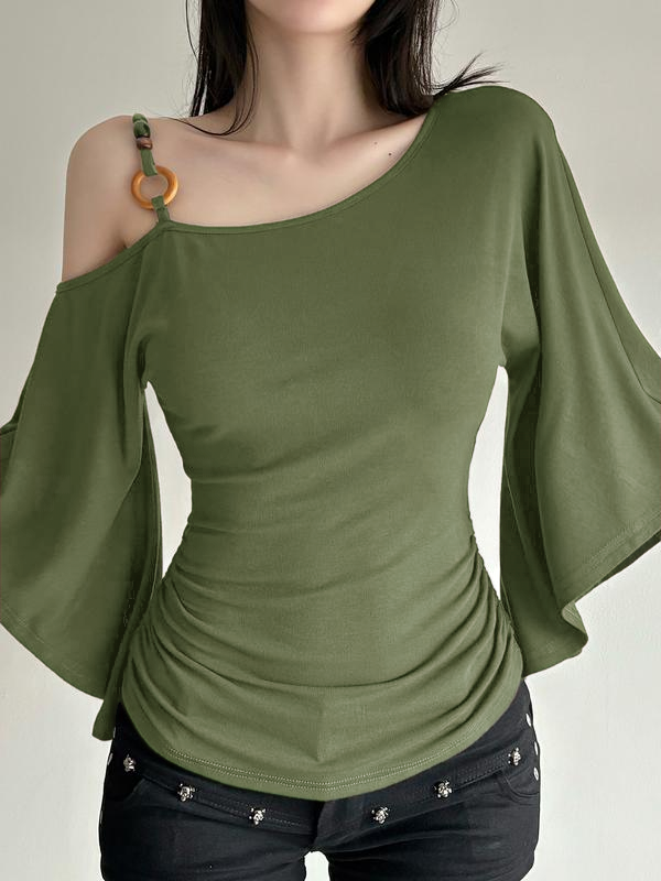 Women’s Retro Asymmetrical Beaded Shoulder Top – Slim Fit Flounce Sleeve Blouse