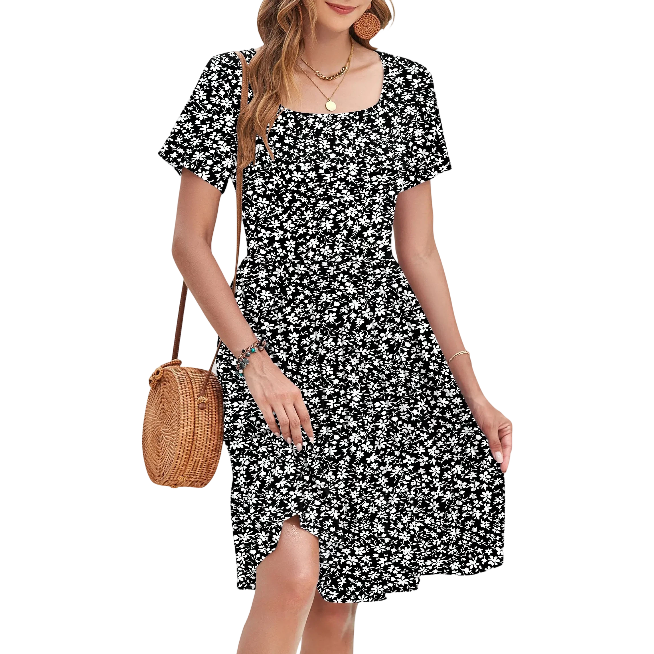 Womens Square Neck Casual Short Sleeve Dress 2026