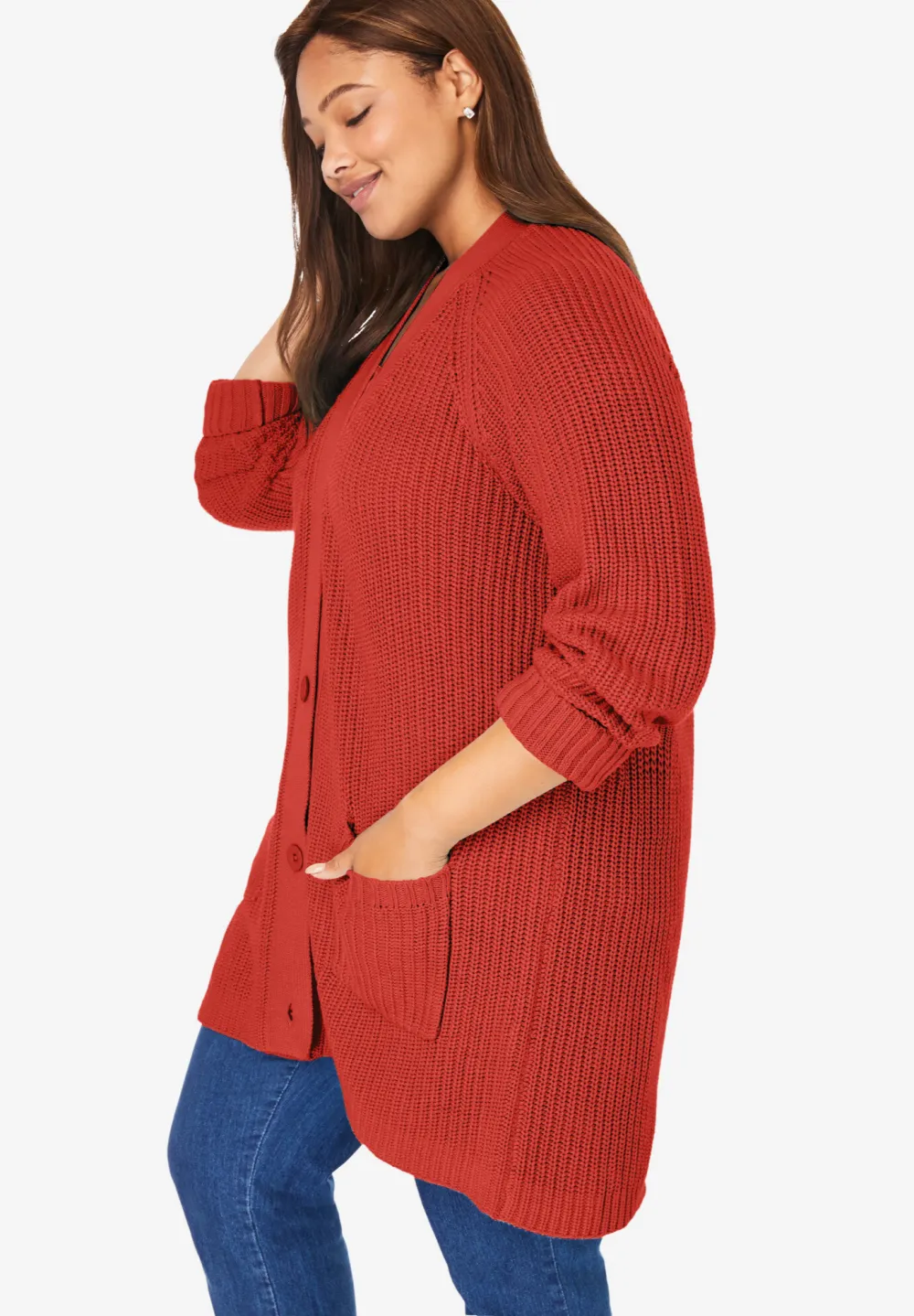 Button-Front Shaker Cardigan