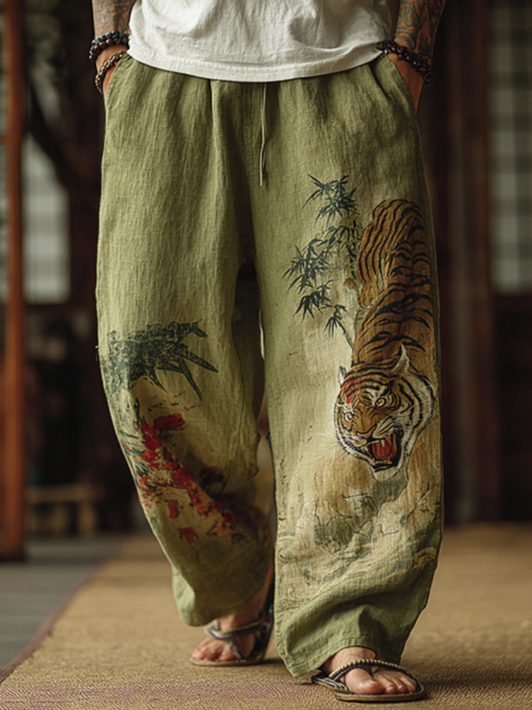 Men's Japanese Tiger And Bamboo Pattern Contrast Wide Leg Linen Pants