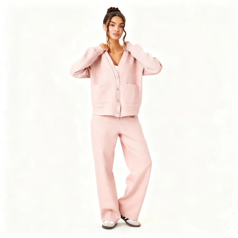 Women's Slouchy Solid Color V Neck Long Sleeve Button Cardigan & Drawstring Waist Trousers Co-ord