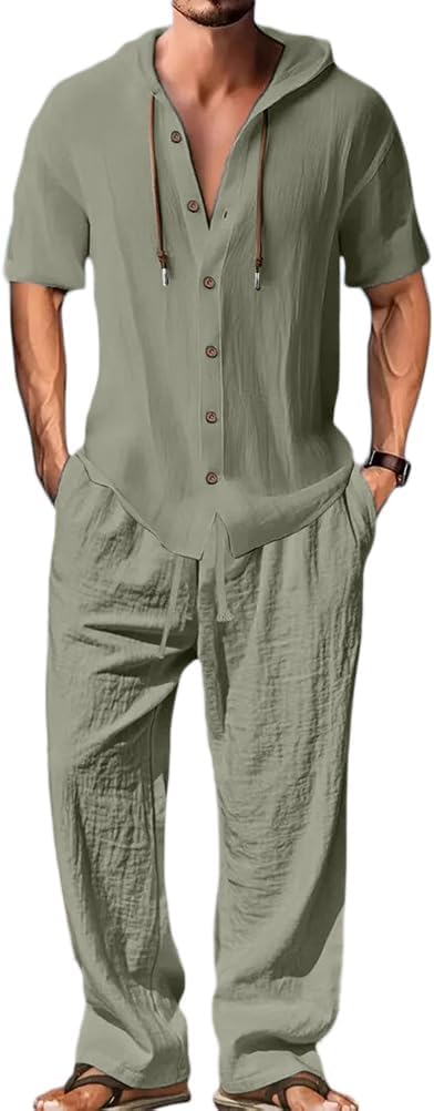 Men's Lightweight Hooded Two-Piece Set - Casual Vacation Loose Sweatshirt & Wide-Leg Pants for Summer