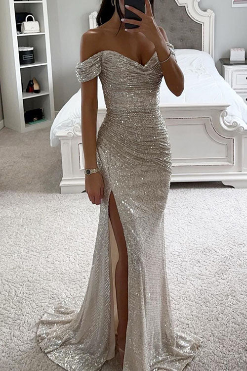 Party Sequin Off-Shoulder Slit Dress