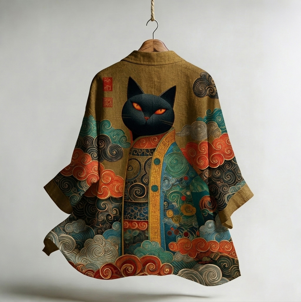 Men's Japanese Cat And Auspicious Cloud Print Linen Kimono Cardigan