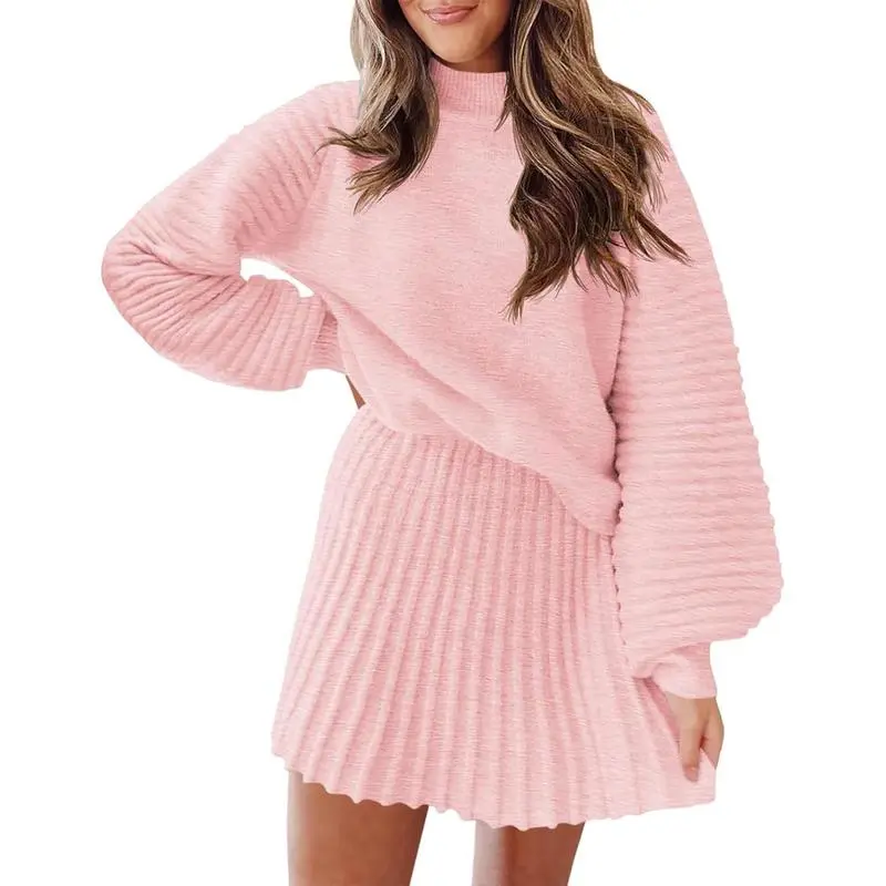 Women's 2 Piece Outfits 2025 Long Sleeve Mock Neck Ribbed Sweaters And Mini Skirt Two Piece Sets