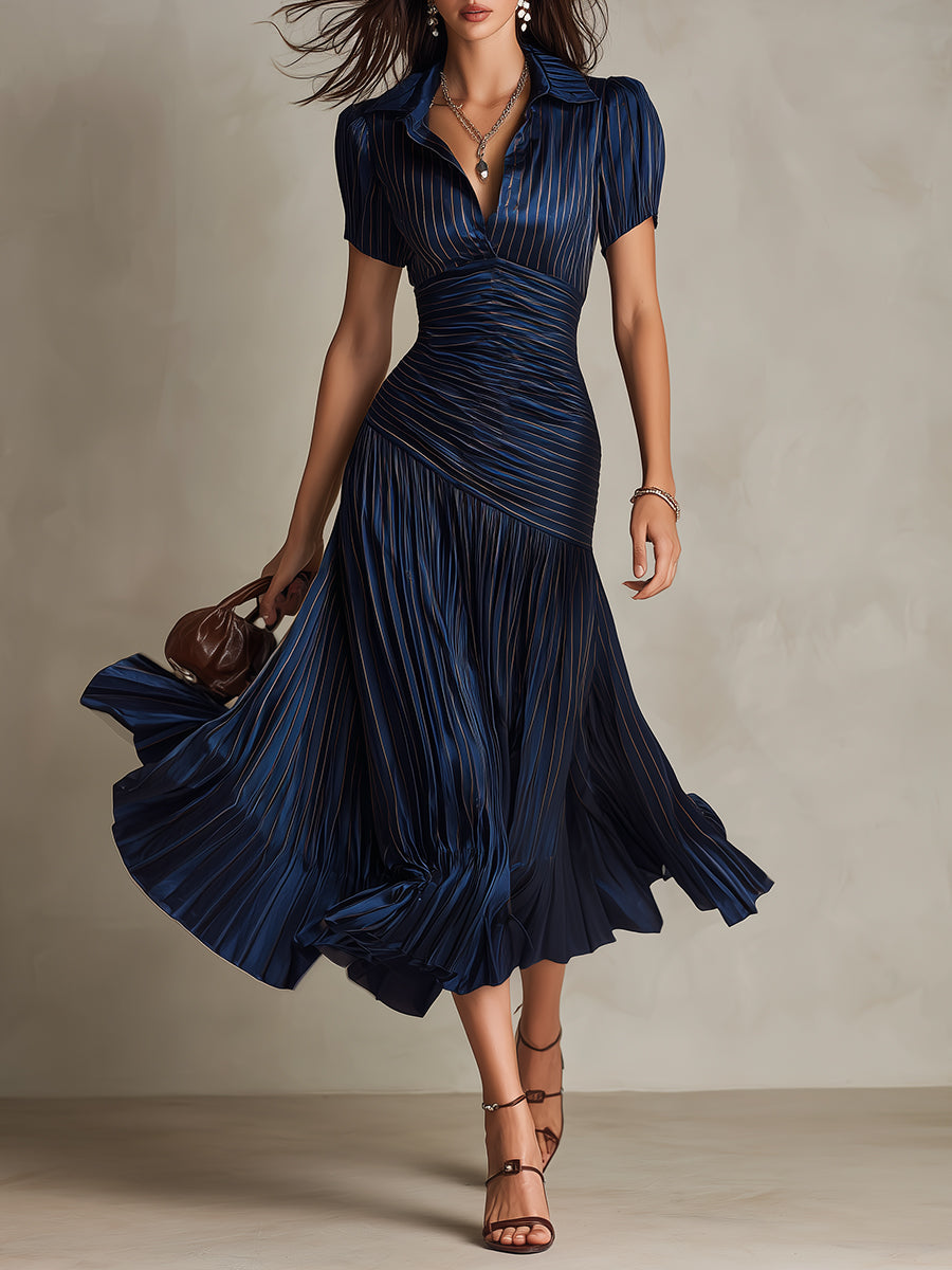 Navy Blue Striped Shirt Collar Satin Pleated Midi Dress