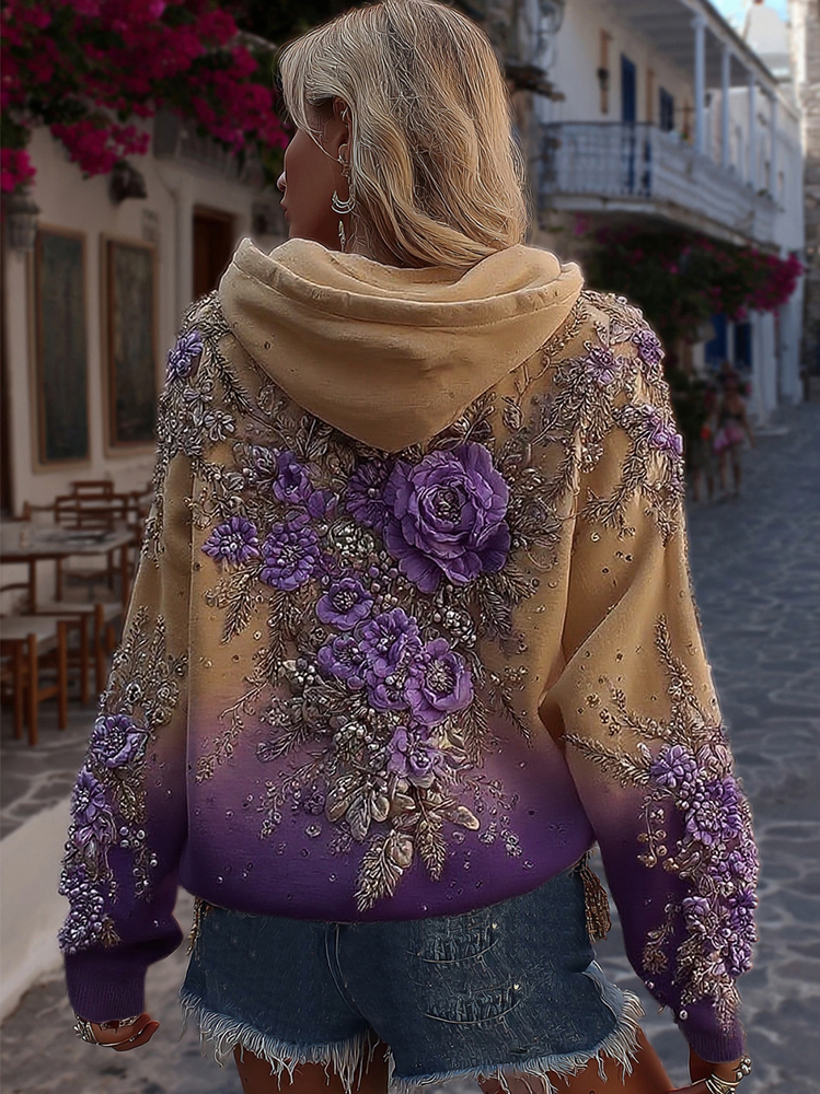 Women's Classic Rose Embroidery Art Comfy Hoodie