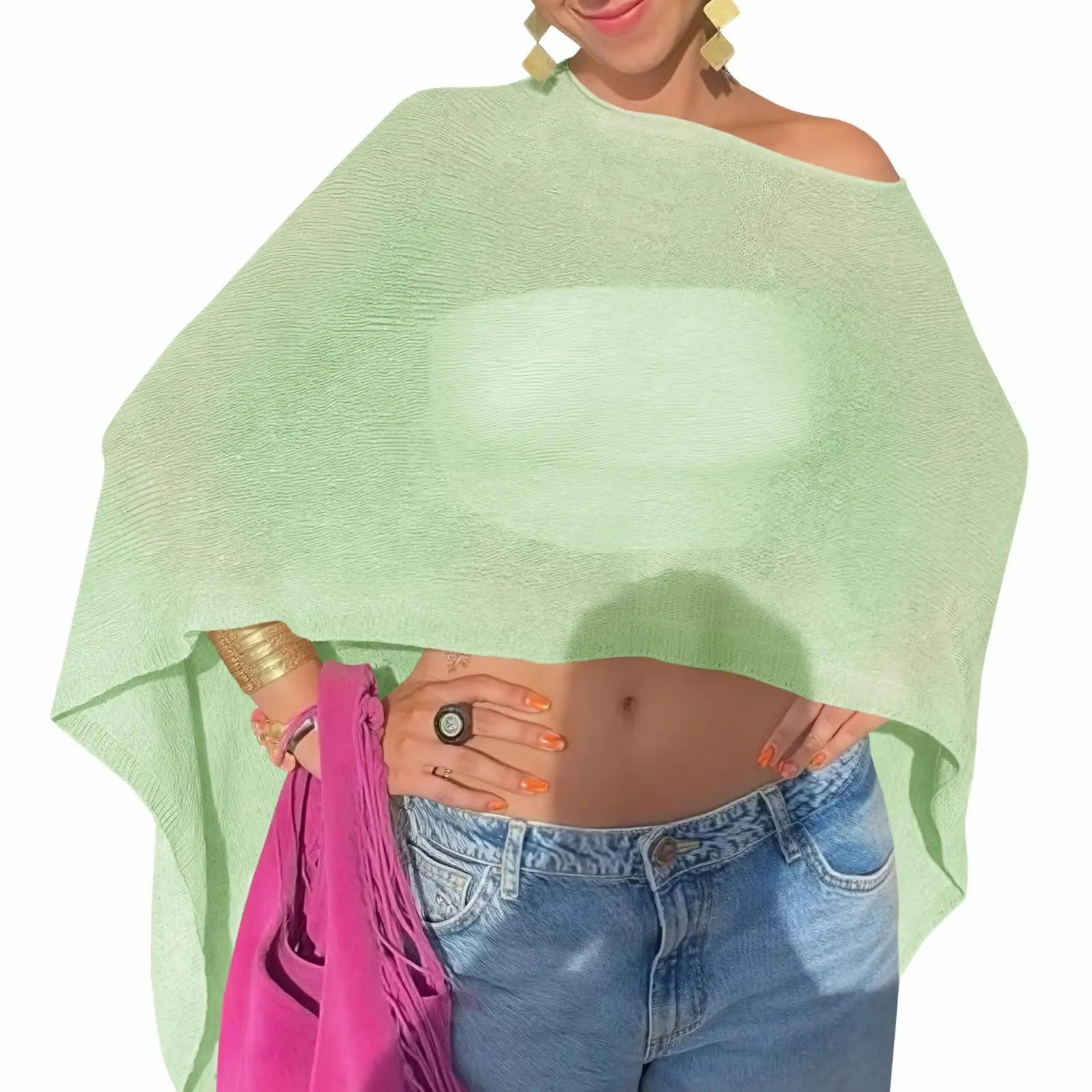 Womens Sheer Poncho Top Lightweight Knit Bolero Shrug Mesh Off The Shoulder Y2K Going Out Beach Swimsuit Coverup