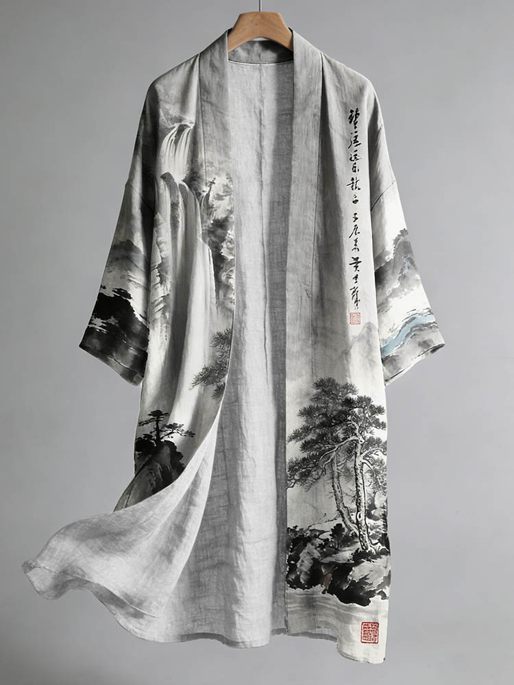 Men's Retro Landscape Painting Art Linen Long Kimono