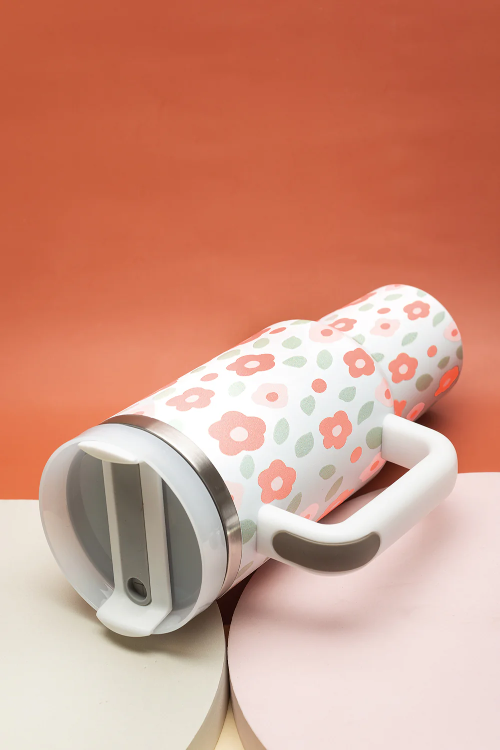 White Floral Leaves Print Stainless Large Portable Cup 40oz