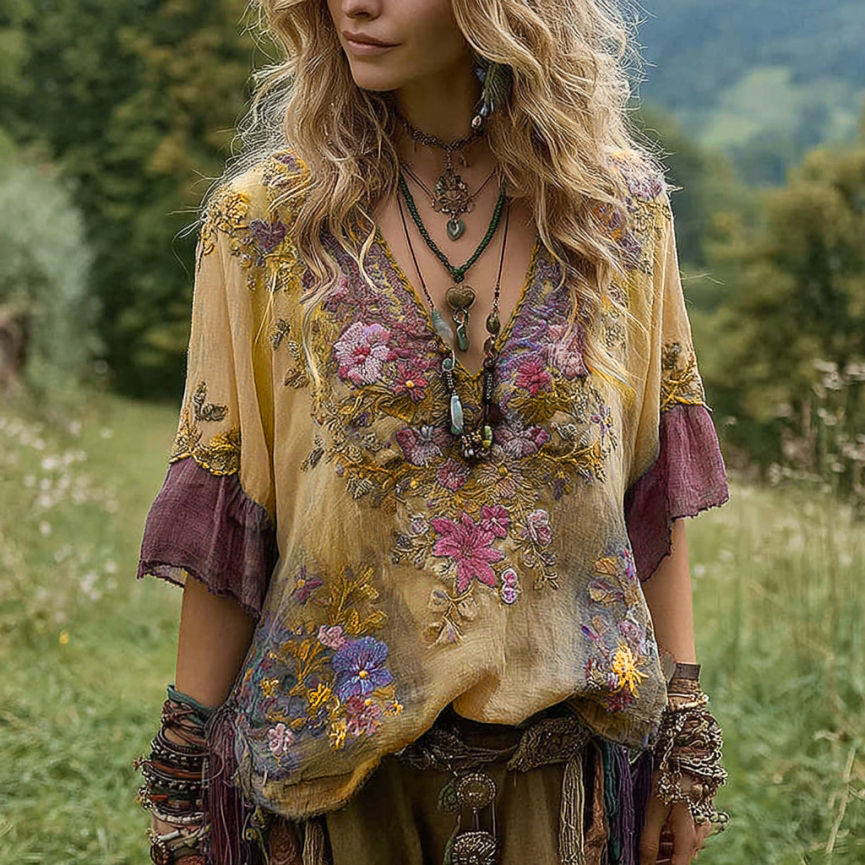 Women's Vintage Floral Embroidery Art V Neck Linen T-shirt