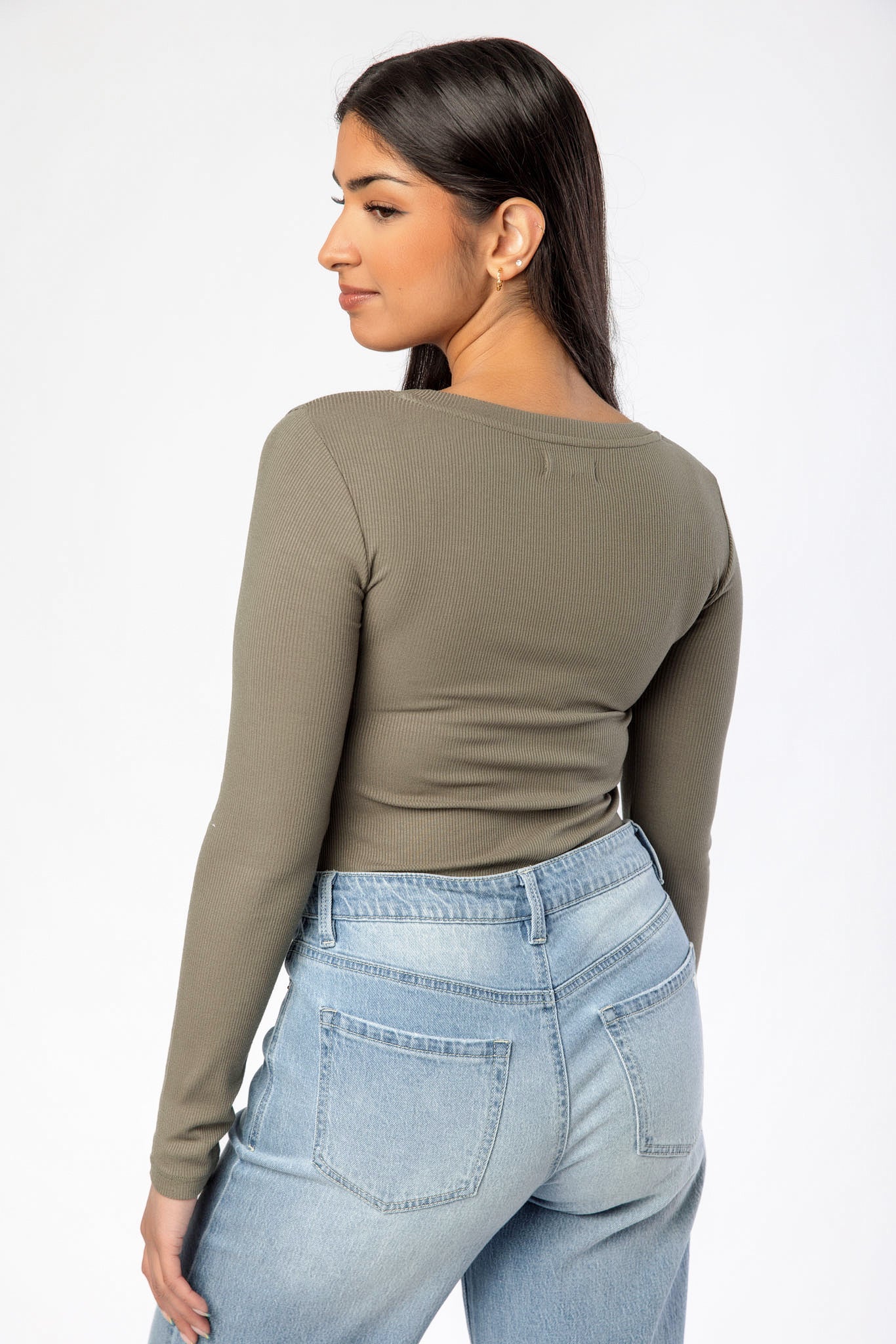 Ribbed V-Neck Long-Sleeve Tee