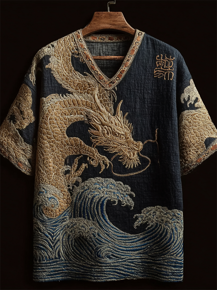Japanese Golden Dragon & Sea Waves Embroidered Linen Shirt